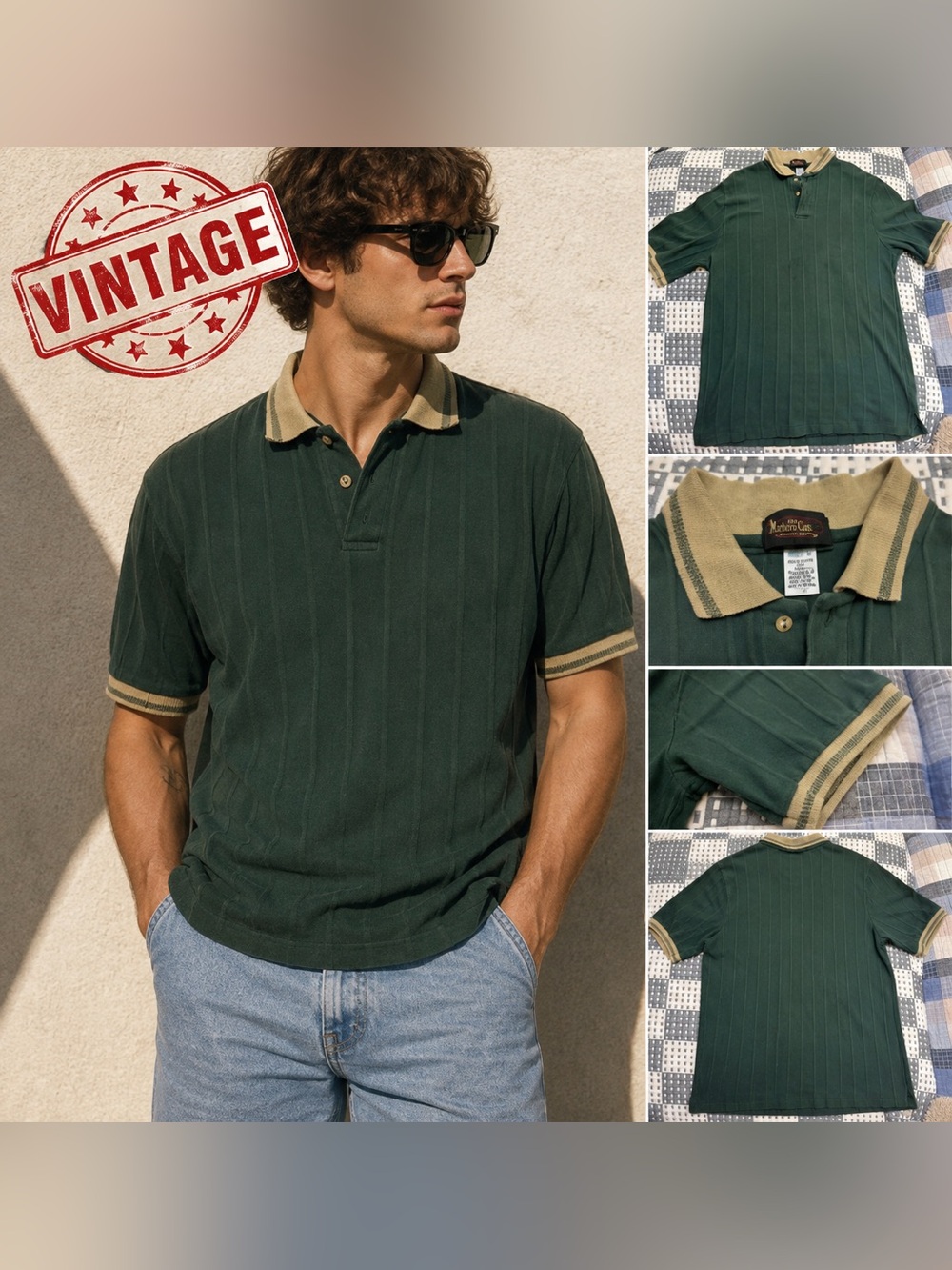 Vintage Bert Pulitzer Collectors Edition Green Textured Knit Polo Shirt Men’s L